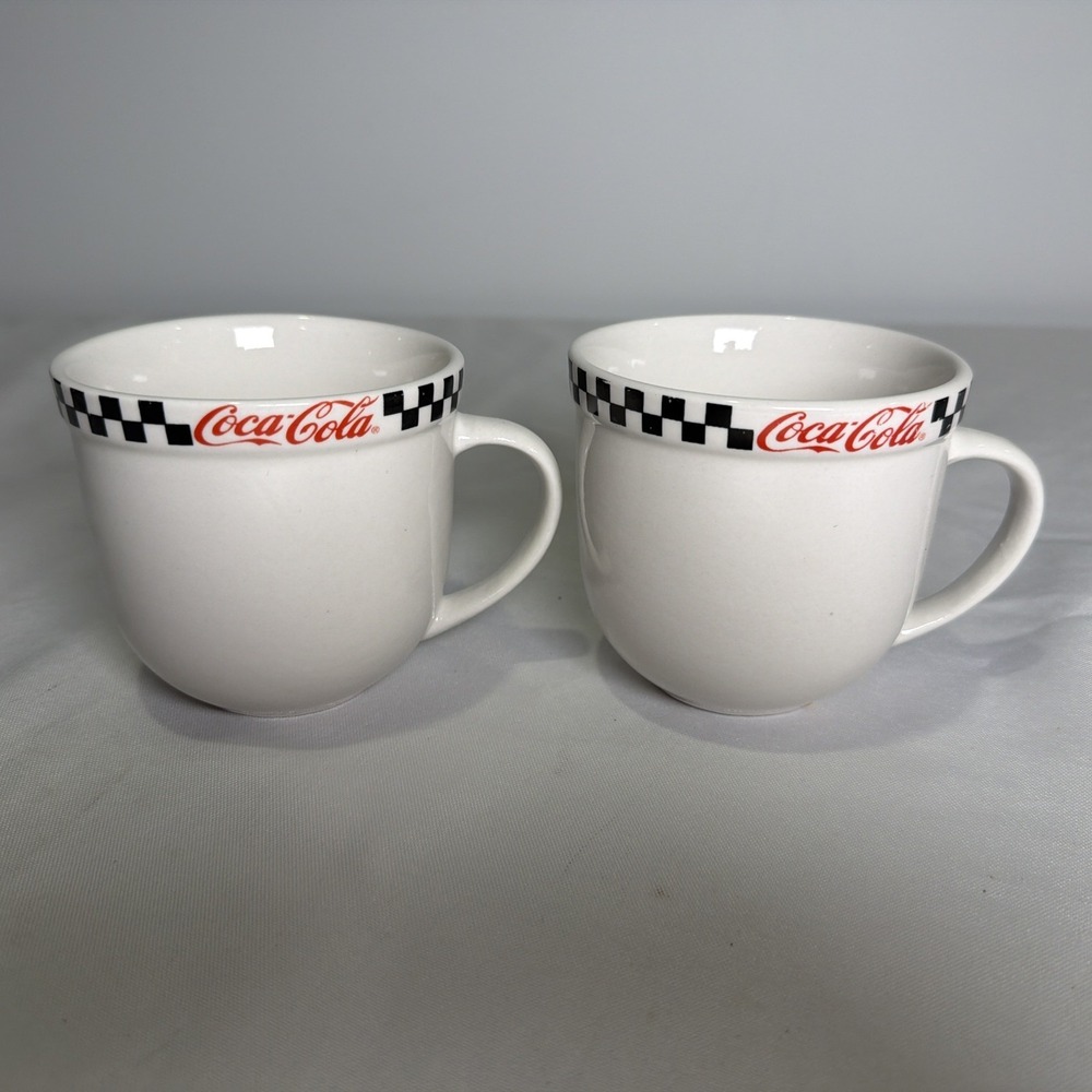 VTG Coca-Cola Gibson Mugs Set Of 2 Ceramic Checkered Rim Retro Diner 2002